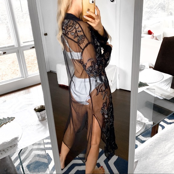 🖤 ZARA BOHO MESH EMBROIDERED CROCHET COLLARED SHEER MAXI DRESS/COVERUP! - Picture 4 of 16